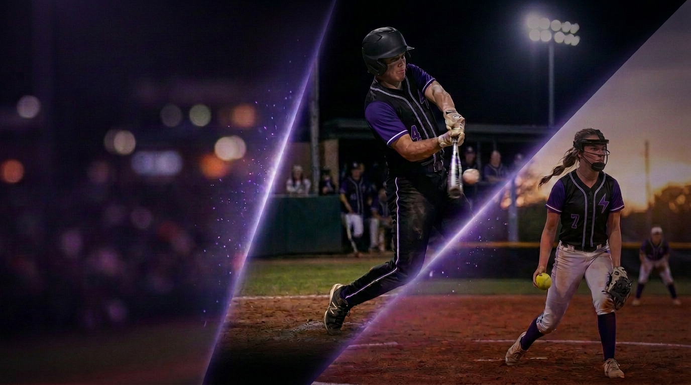 A baseball batter mid-swing and a softball pitcher on the mound under the lights