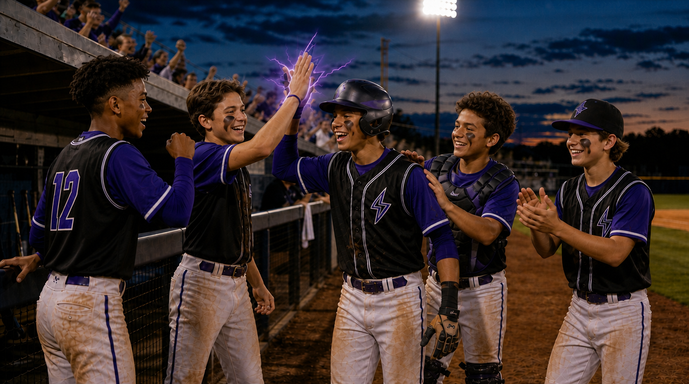 Baseball teammates trading high fives along the dugout at dusk