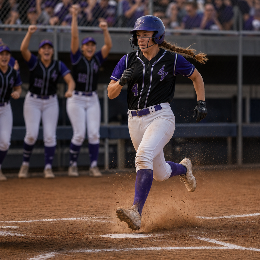 Softball player racing home as her teammates cheer from the dugout